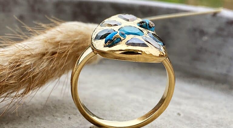 Bague niiki, plaqué or turquoise, topaze, white jade. Sohaïa