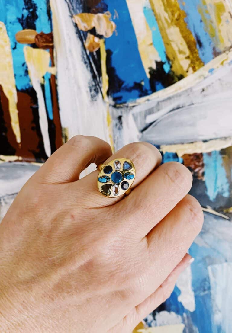 Bague niiki, plaqué or turquoise, topaze, white jade. Sohaïa